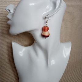 Bézs-bordó textilbogyó fülbevaló, fonalékszer, textil fülbevaló