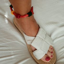 Narancssárga-bordó bokalánc, textilbogyó bokalánc, bokaékszer, nyári viselet, lábdísz