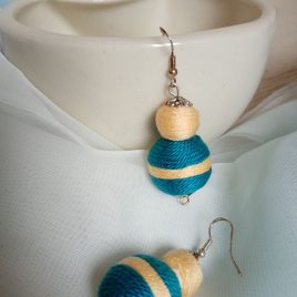 SÁRGARIGÓ kék-sárga textilbogyó fülbevaló, textil fülbevaló, textilékszer