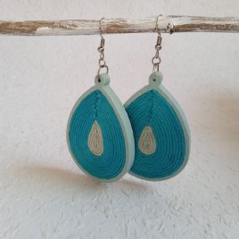 Nagy csepp alakú fonal fülbevaló ,textil egyedi fülbevaló, fonal fülbevaló, fafülbevaló